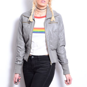 Faux Leather Knit Collar Moto Bomber Jacket Coat S